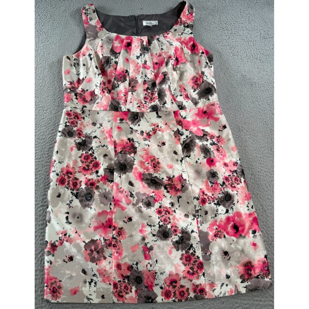 Dressbarn Sheath Dress Womens 14 Pink Gray Floral Sleeveless Scoop Neck Back Zip